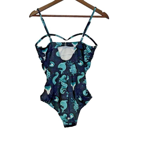 NWT Die With Your Boots On Swimsuit Small Black Salty Sea Witch Skull Goth Salem - Picture 2 of 11